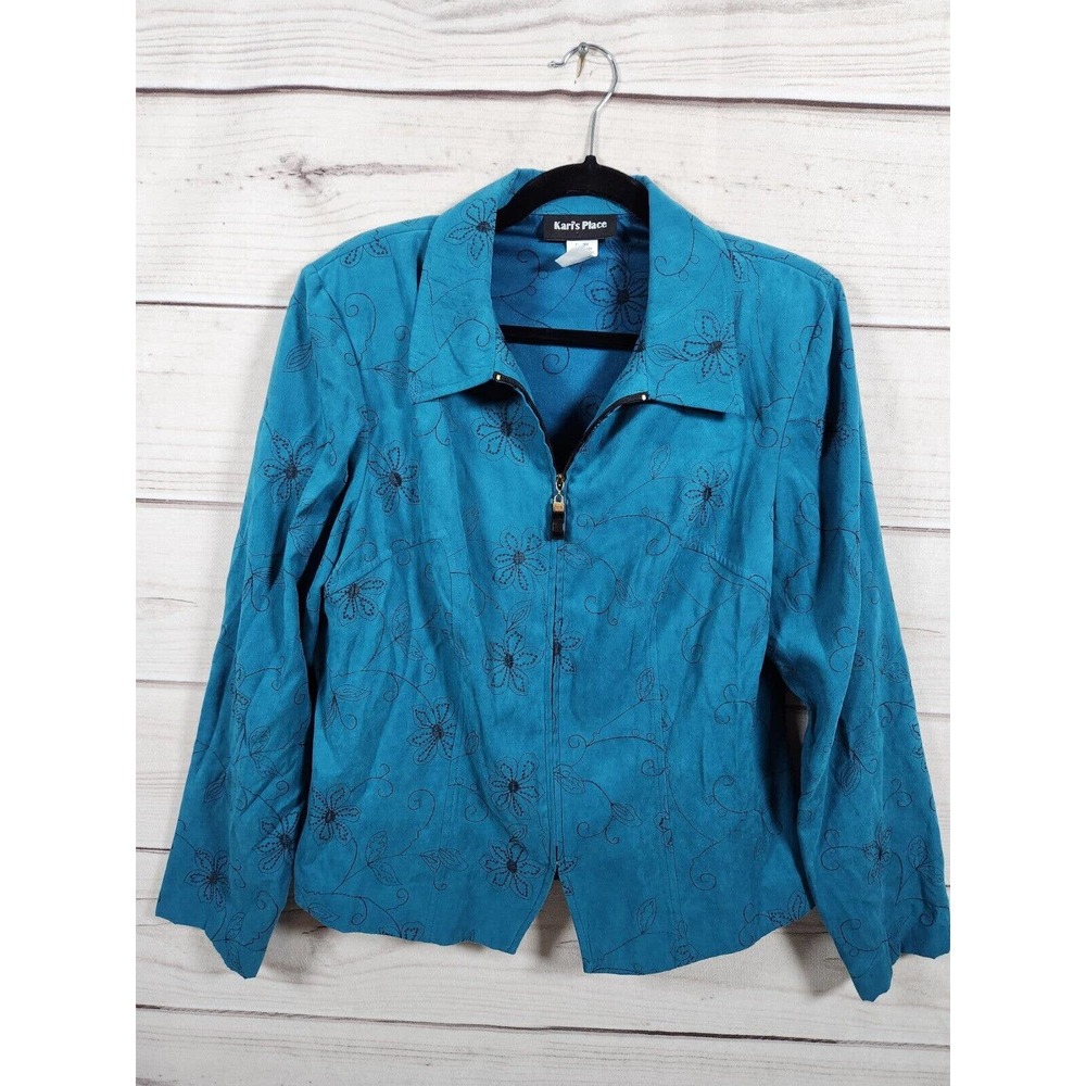 Kari's Place Women's 3/4 Sleeve Embroidered‎ Blue Buttoned Blazer Jacket Size 14